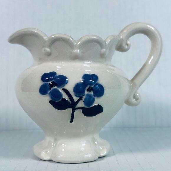 Vintage Folk Art Creamer/ Small Pitcher Ceramic Hand Painted White w/Blue Flower - Picture 3 of 12
